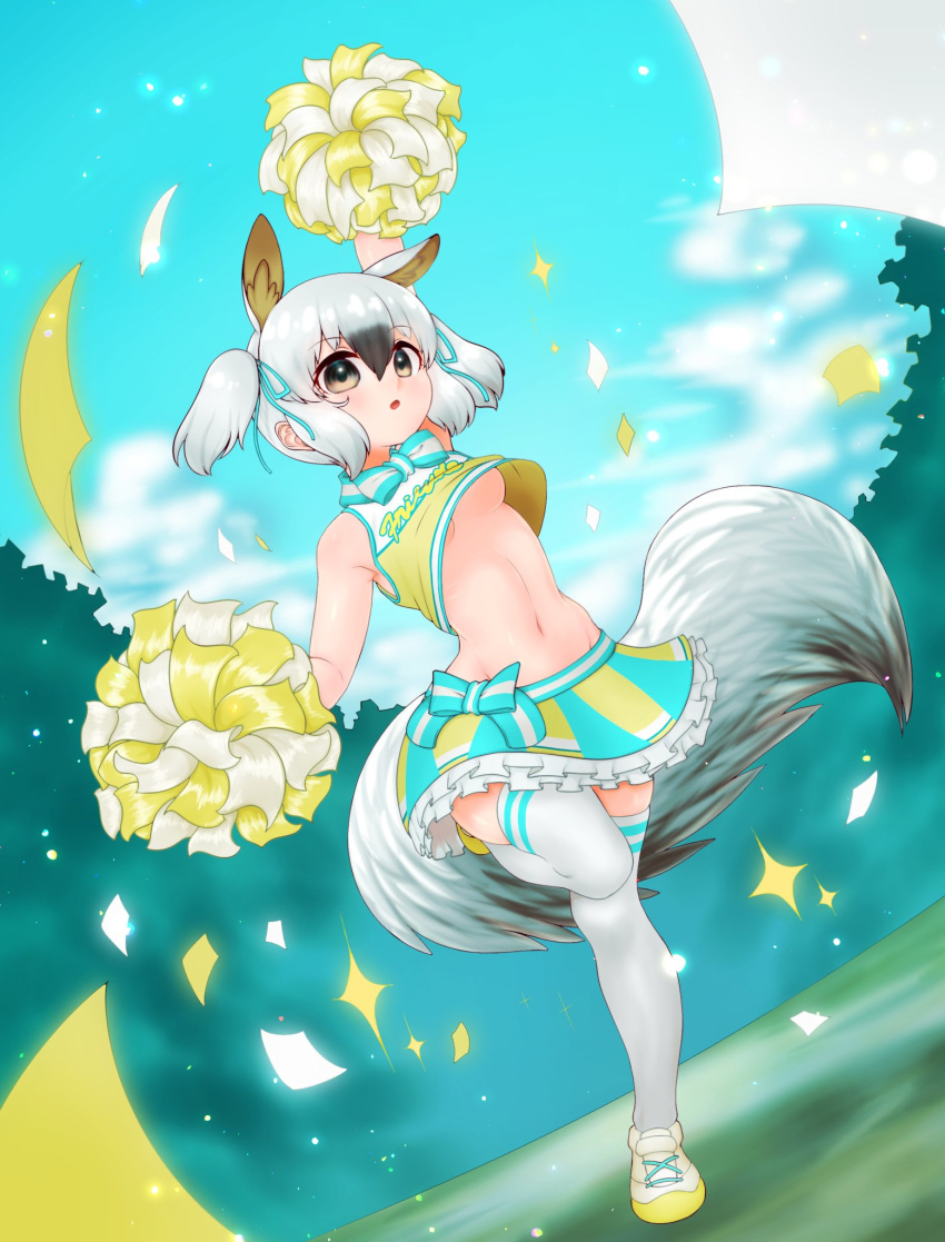 alternate_hairstyle anteater_ears anteater_tail arm_up bare_shoulders black_hair bow breasts cheerleader commentary_request crop_top extra_ears eyebrows_visible_through_hair frilled_skirt frills from_below hair_tie highres kemono_friends kemono_friends_festival midriff multicolored_hair navel notora pom_poms short_twintails skirt sleeveless southern_tamandua_(kemono_friends) standing standing_on_one_leg thighhighs twintails underboob white_hair zettai_ryouiki