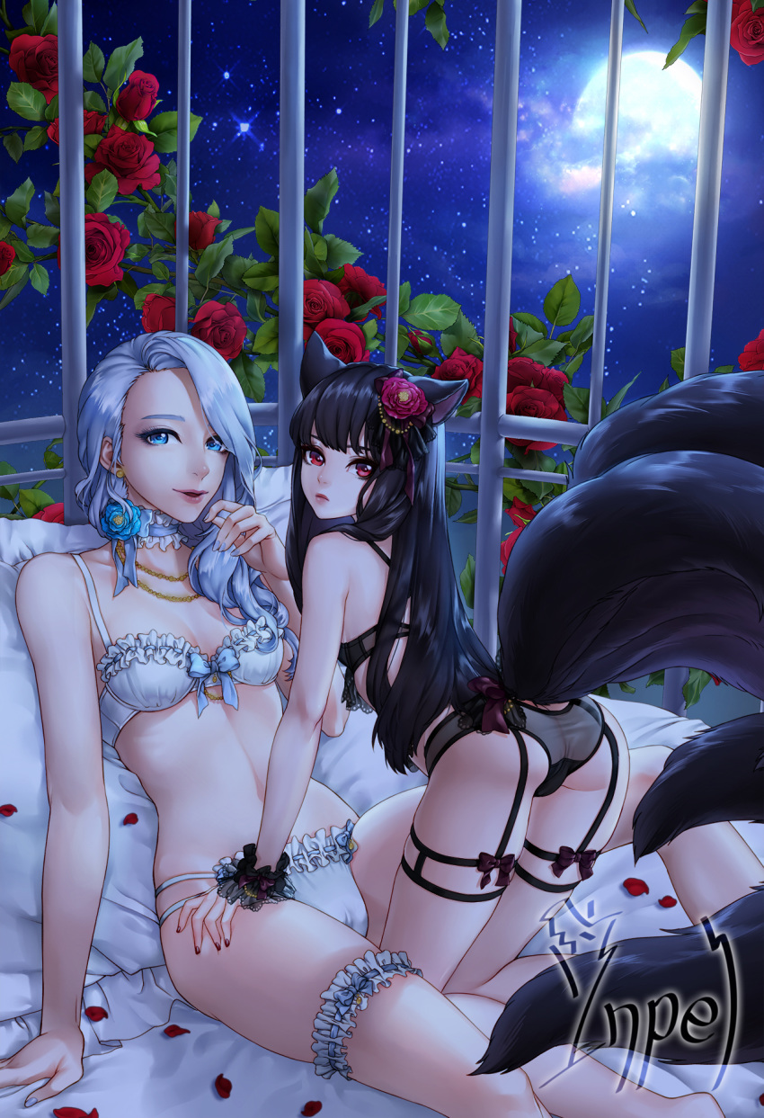 all_fours animal_ears ass bed black_bra black_hair black_panties blade_&amp;_soul blue_eyes bra breasts butt_crack cameltoe choker cleavage cloud commentary flat_chest flower fox_ears fox_tail full_moon garter_straps garters hair_flower hair_ornament hand_to_own_mouth hands_on_another's_thighs highres inpel jewelry kneeling kneepits leaning_forward legs lips long_hair looking_back lying lyn_(blade_&amp;_soul) moon multiple_girls multiple_tails nail_polish necklace night night_sky on_back open_mouth panties petals pillow red_eyes rose see-through silver_hair sky small_breasts smile star_(sky) tail tail_cutout underwear underwear_only white_bra white_panties