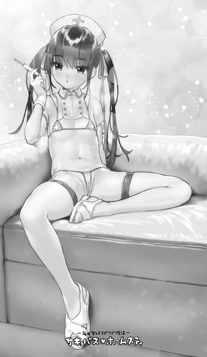 absurdres bikini commentary_request couch cross flat_chest greyscale hat highres illustogre micro_bikini monochrome navel nurse_cap original sitting spread_legs swimsuit syringe thighhighs twintails