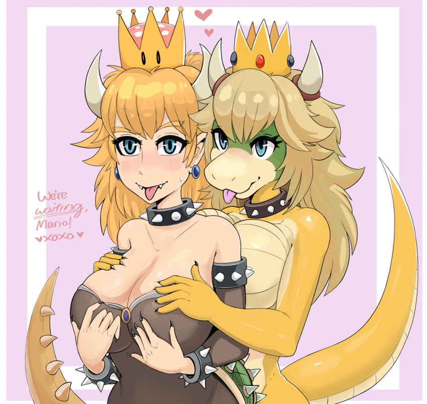 &lt;3 2018 alternate_species anthro big_breasts blonde_hair blue_eyes blush border bowser bowsette_meme bracelet breasts clothed clothing collar convenient_censorship crown curved_horn dress english_text female female/female green_skin hair hand_on_breast horn humanoid jewelry koopa mario_bros nintendo nude pink_background pink_border princess_koopa princess_peach scalie simple_background spiked_armlet spiked_bracelet spiked_collar spikes super_crown sweat sweatdrop text tongue tongue_out unknown_artist_(artist) video_games white_border white_skin yellow_skin