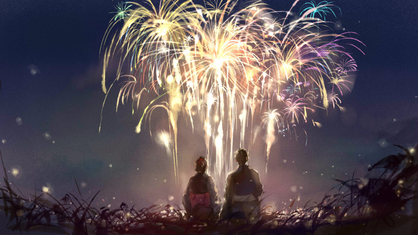 1girl aerial_fireworks commentary english_commentary fireworks from_behind grass highres japanese_clothes kimono night night_sky obi original outdoors sash scenery sishenfan sitting sky