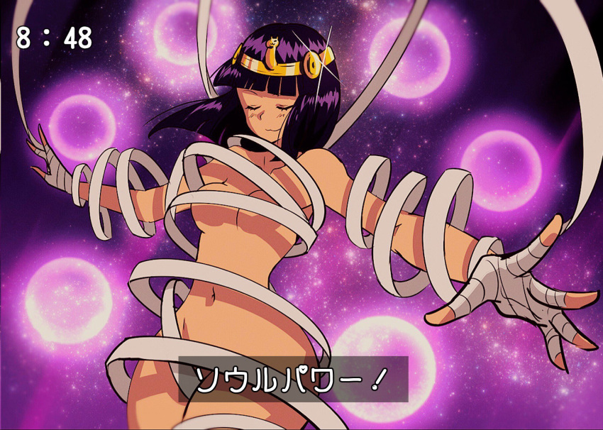 :3 alternate_costume bandages breasts circlet closed_eyes commentary_request crystal_ball dark_skin energy_ball eye_(mememem) henshin highres light_blush medium_breasts menat navel outstretched_arms purple_background purple_hair short_hair solo sparkle stomach street_fighter street_fighter_v translated