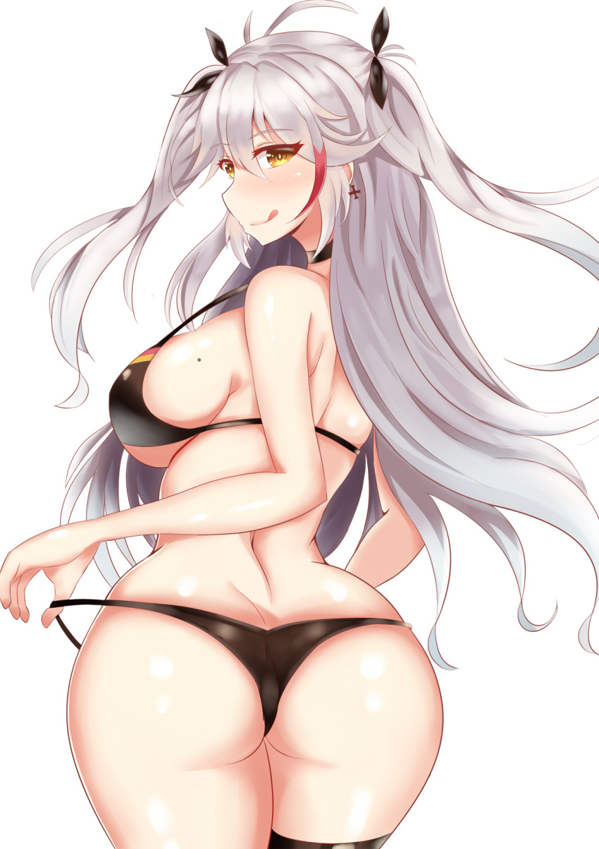 1girl arro ass azur_lane bare_arms bare_shoulders bikini blush breasts butt_crack come_hither curvy from_behind hips huge_ass large_breasts long_hair looking_at_viewer looking_back multicolored_hair naughty_face prinz_eugen_(azur_lane) red_hair shiny shiny_hair shiny_skin sideboob silver_hair smile solo swimsuit thick_thighs thighs two-side_up very_long_hair wide_hips yellow_eyes