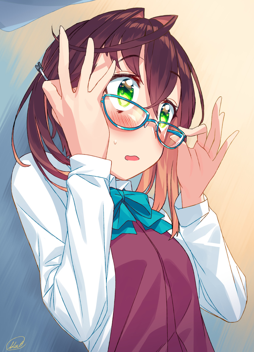 adjusting_eyewear blew_andwhite blue-framed_eyewear blush bow bowtie brown_hair commentary glasses glasses_day green_eyes highres kantai_collection long_sleeves looking_away multicolored_hair okinami_(kantai_collection) open_mouth short_hair solo two-tone_hair upper_body