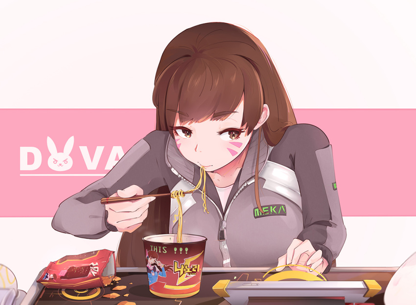 3: bangs brown_eyes brown_hair character_name chips chopsticks closed_mouth clothes_writing collarbone crumbs cup_ramen d.va_(overwatch) eating eyebrows eyebrows_visible_through_hair eyelashes facial_mark food food_in_mouth grey_jacket hair_down hand_up high_collar holding holding_chopsticks jacket korean logo long_hair long_sleeves meka_(overwatch) noodles overwatch partially_unzipped potato_chips ramen shirt shooting_star_d.va sideways_glance sitting solo star-kiss swept_bangs two-tone_background upper_body whisker_markings white_shirt zipper zipper_pull_tab