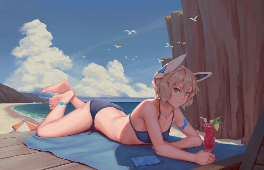 armband bangs barefoot beach beach_towel beach_umbrella bigrbear bikini bird blonde_hair blue_bikini blue_towel breasts cellphone cleavage cliff cloud cloudy_sky collarbone cup day drinking_glass green_eyes hair_between_eyes highres holding holding_cup legband lying mecha_musume mechanical_ears medium_breasts mountain ocean on_stomach original outdoors parted_lips phone revision seagull short_hair sky solo swimsuit the_pose towel tropical_drink umbrella