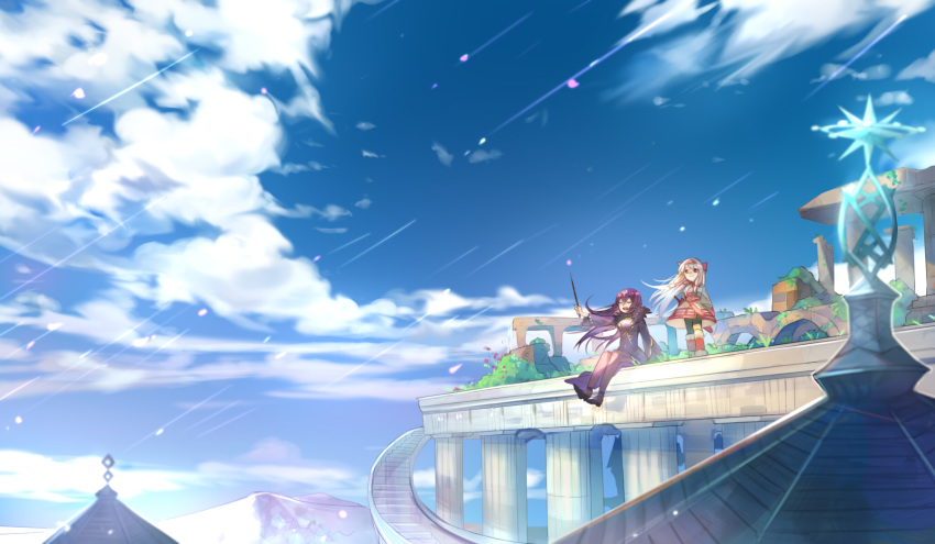 ainu_clothes architecture bangs blonde_hair bow breasts building city cloud column day dress fate/grand_order fate_(series) hair_bow hair_ribbon hairband highres house illyasviel_von_einzbern jewelry large_breasts long_hair mountain multiple_girls outdoors outstretched_hand picube525528 pillar plant purple_dress purple_hair ribbon rooftop ruins scarf scathach_(fate)_(all) scathach_skadi_(fate/grand_order) scenery sitonai sitting sky smile spiral_staircase stairs standing sunlight tiara wand