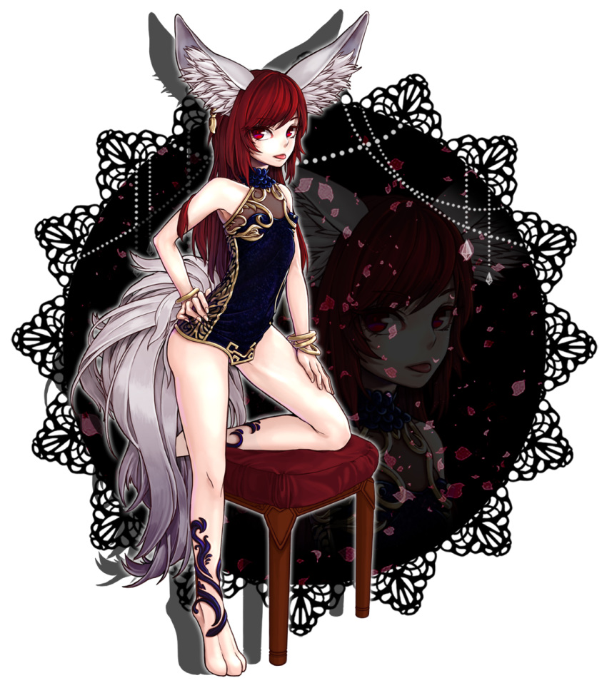 :p animal_ears armpits barefoot blade_&amp;_soul blue_dress bracelet brown_hair china_dress chinese_clothes commentary dress hand_on_hip hand_on_own_thigh highres inpel jewelry leg_up legs long_hair lyn_(blade_&amp;_soul) one_knee paws red_eyes short_dress single_earring sleeveless sleeveless_dress solo standing standing_on_one_leg stool tail tongue tongue_out wolf_ears wolf_tail zoom_layer