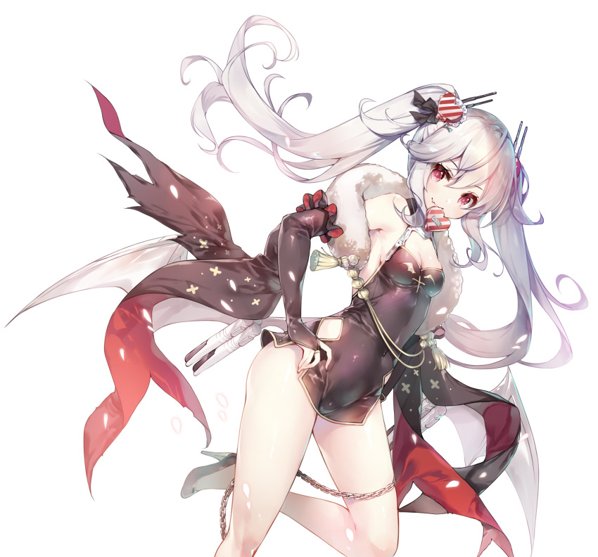azur_lane bare_legs black_dress black_gloves breasts bridal_gauntlets chain china_dress chinese_clothes cleavage commentary_request covered_navel dress dutch_angle elbow_gloves fang_out fingerless_gloves gloves hair_ornament hand_on_hip high_heels highres long_hair looking_at_viewer miwabe_sakura mouth_hold purple_eyes short_dress sidelocks silver_hair simple_background small_breasts smile solo standing standing_on_one_leg twintails vampire_(azur_lane)