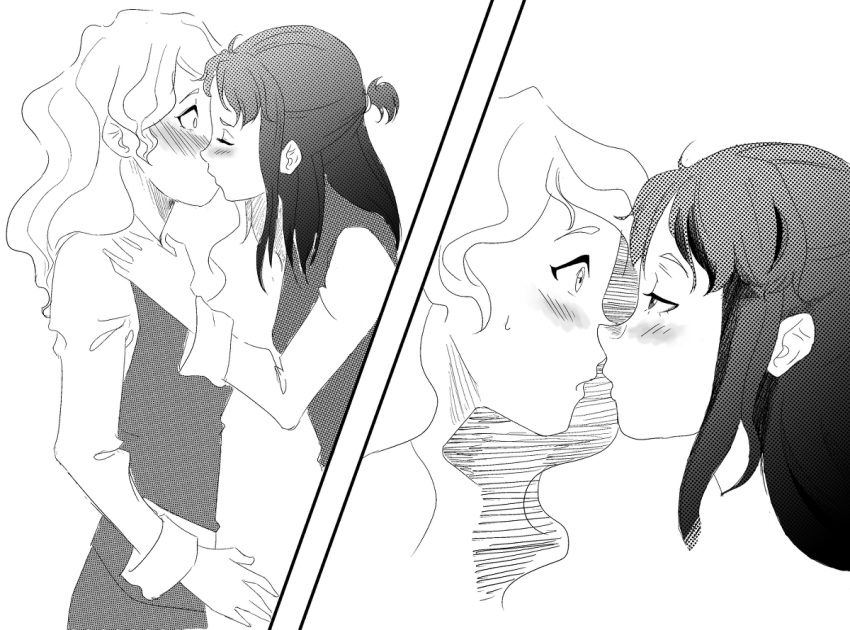 2girls blush couple diana_cavendish eye_contact kagari_atsuko kiss little_witch_academia looking_at_another monochrome multiple_girls simple_background surprised yuri