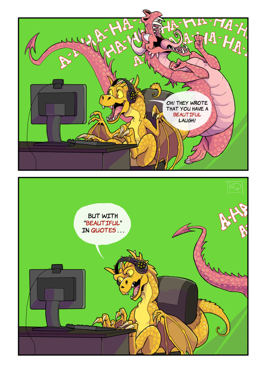 camera comic computer dragon english_text fangs hatd_translated headphones horn keyboard kogotsuchidark laugh male red_scales scales scalie slit_pupils text tongue translated unknown_artist wings yellow_eyes yellow_scales