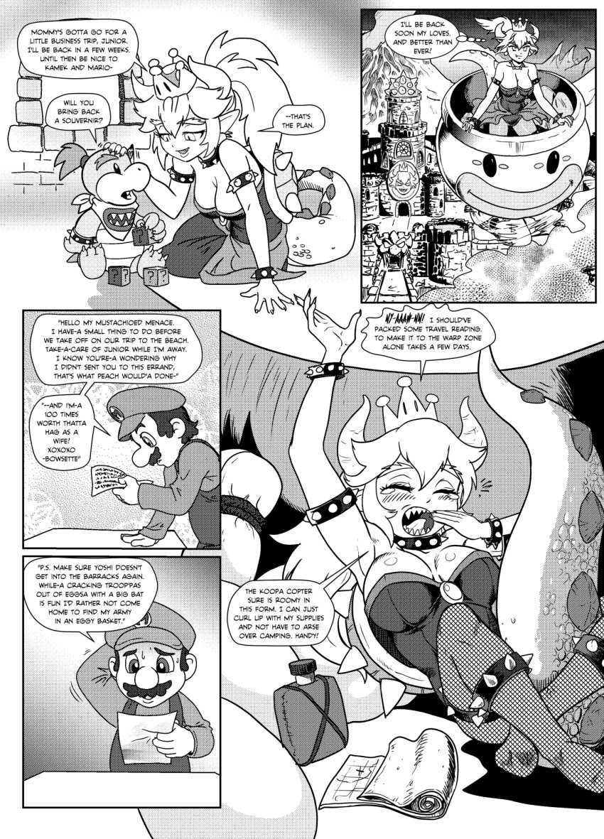 alternate_species animal_humanoid bowser bowser_jr. bowsette_meme breasts cleavage clothed clothing collar comic crossgender female human humanoid koopa male mammal mario mario_bros mother nintendo open_mouth parent pencils_(artist) scalie sharp_teeth son spiked_collar spikes super_crown teeth video_games
