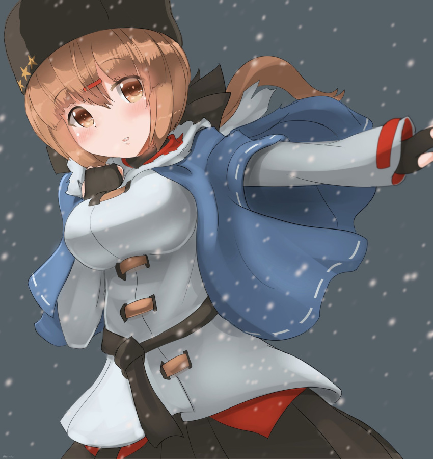 belt black_bow black_gloves black_skirt blue_shawl blush bow breasts brown_eyes brown_hair commentary eyebrows_visible_through_hair fingerless_gloves gloves hair_between_eyes hair_ornament hairclip highres jacket kantai_collection large_breasts long_hair long_sleeves looking_at_viewer looking_down low_twintails miniskirt open_mouth papakha red_shirt redundant-cat russian_clothes scarf shawl shirt skirt smile snowing star tashkent_(kantai_collection) twintails white_jacket white_scarf