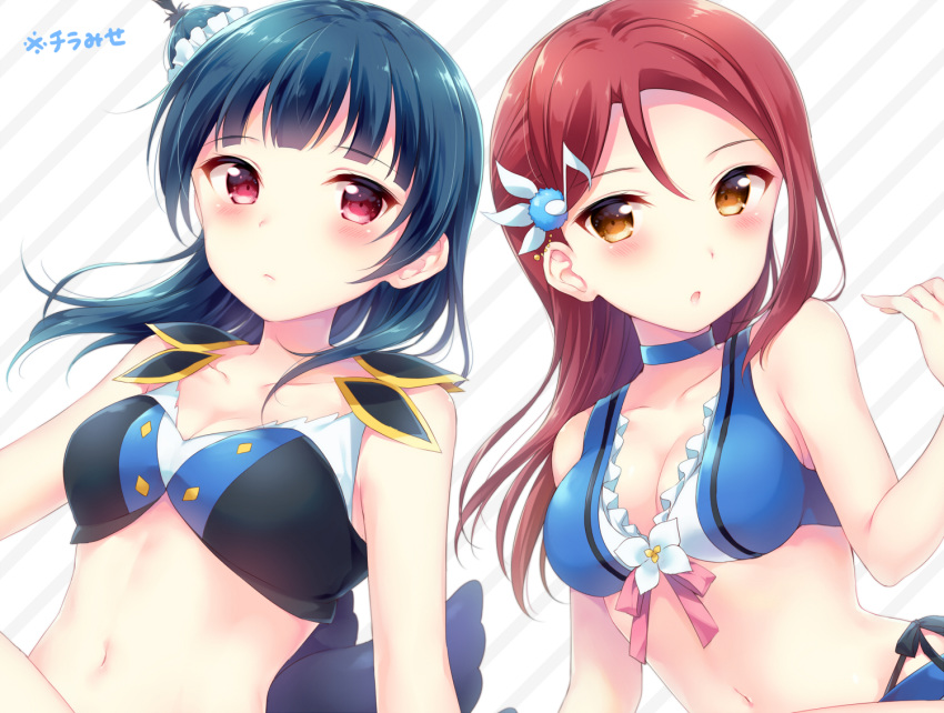 :o adapted_costume bangs bikini black_feathers blue_choker blue_hair blush breasts choker cleavage collarbone diagonal-striped_background diagonal_stripes eyebrows_visible_through_hair feathers flower hair_feathers hazuki_(sutasuta) light_frown long_hair looking_at_viewer love_live! love_live!_sunshine!! medium_breasts multiple_girls musical_note_hair_ornament nave pink_ribbon purple_eyes red_hair ribbon sakurauchi_riko side_bun striped striped_background swimsuit tsushima_yoshiko water_blue_new_world white_flower yellow_eyes