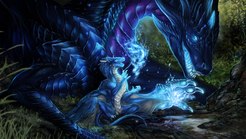 2018 ambiguous_gender blue_eyes blue_feathers blue_scale blue_scales blue_tongue claws digital_media_(artwork) dragon duo feathered_dragon feathered_wings feathers feral grass isvoc moss open_mouth scales scalie smile teeth tongue western_dragon wings young