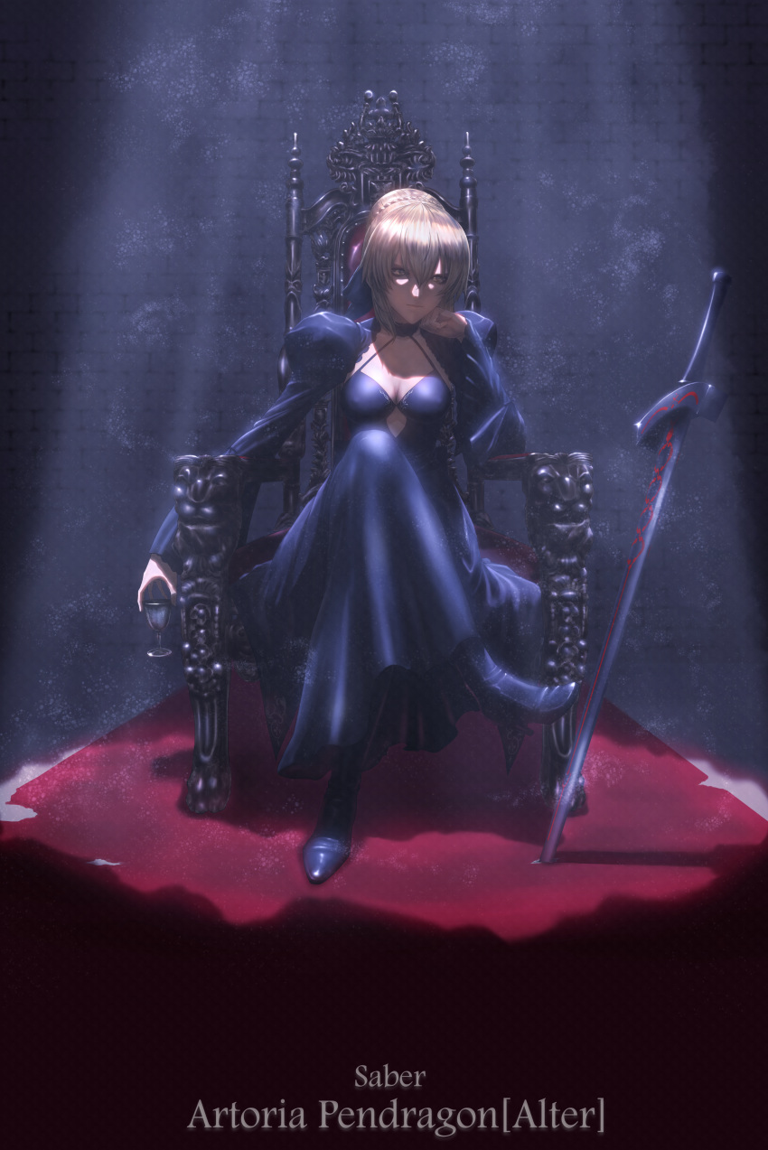 absurdres artoria_pendragon_(all) black_dress black_footwear blonde_hair braid breasts carpet chair character_name cleavage commentary covered_nipples crossed_legs crown_braid dark_background dark_excalibur dress elbow_rest expressionless fate/grand_order fate_(series) goblet hand_on_own_face high_heels highres looking_at_viewer medium_breasts mugetsu2501 pale_skin planted_sword planted_weapon red_carpet saber_alter solo sword throne weapon yellow_eyes