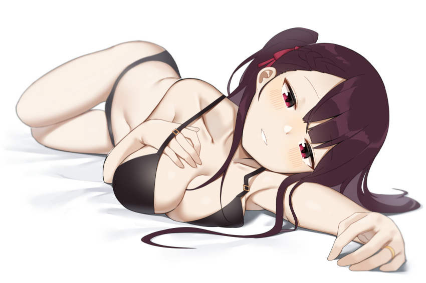 black_bra black_panties blush bra breasts cleavage collarbone commentary eyebrows_visible_through_hair girls_frontline hair_ribbon hand_on_own_chest highres jewelry long_hair looking_at_viewer lying navel noria on_side one_side_up outstretched_arm panties purple_hair red_eyes ribbon ring side_ponytail solo underwear wa2000_(girls_frontline) wedding_band