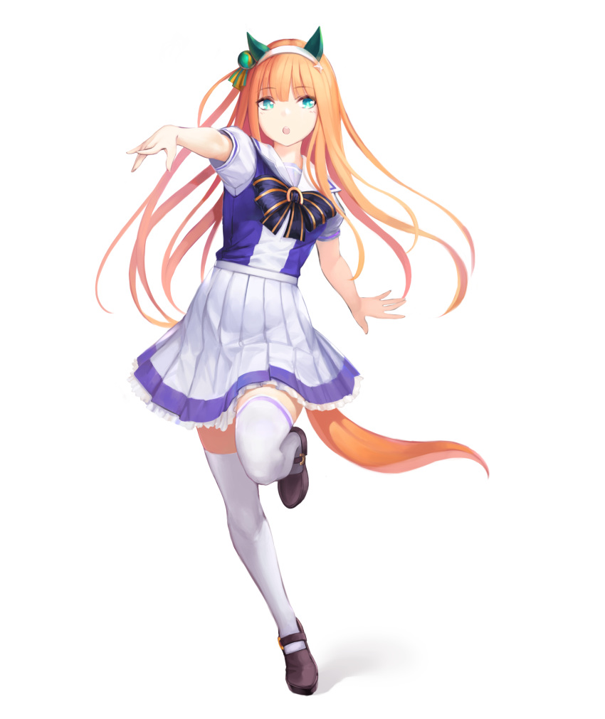 :o absurdres animal_ears aqua_eyes bangs black_footwear bow bowtie eyebrows_visible_through_hair frilled_skirt frills full_body hair_ornament hairband highres horse_ears horse_tail leg_up long_hair looking_at_viewer npt_(akzkfhsk0503) open_mouth orange_hair outstretched_arm pleated_skirt sailor_collar school_uniform shirt shoes short_sleeves silence_suzuka simple_background skirt solo standing standing_on_one_leg tail thighhighs umamusume upper_teeth white_background white_hairband white_legwear zettai_ryouiki