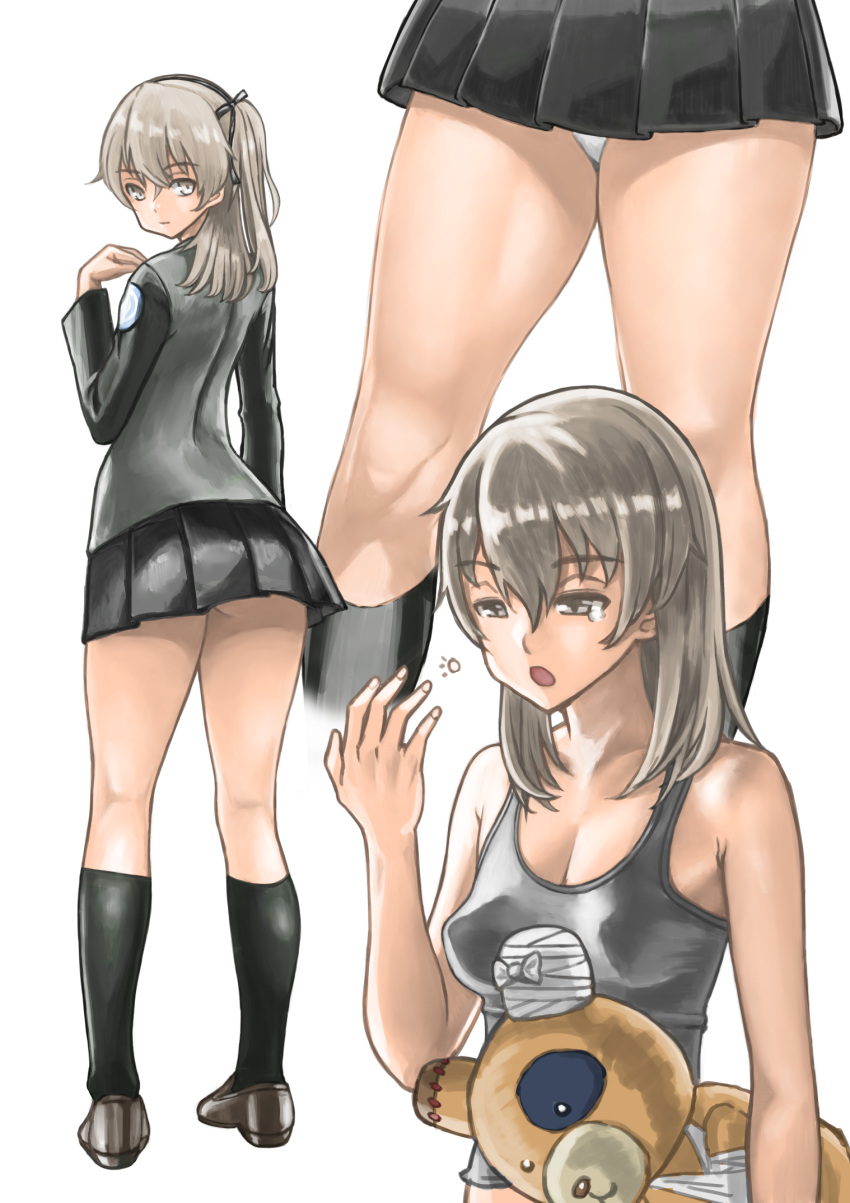 alternate_hairstyle ass bandages bangs black_footwear black_jacket black_legwear black_ribbon black_skirt boko_(girls_und_panzer) breasts cleavage closed_mouth commentary cropped_legs emblem eyebrows_visible_through_hair from_behind full_body girls_und_panzer hair_down hair_ribbon half-closed_eyes highres holding holding_stuffed_animal jacket kneepits legs light_brown_eyes light_brown_hair light_smile loafers long_hair long_sleeves looking_at_viewer looking_back medium_breasts military military_uniform miniskirt multiple_views older panties pantyshot pantyshot_(standing) pleated_skirt ribbon selection_university_(emblem) selection_university_military_uniform shimada_arisu shoes side_ponytail simple_background skirt sleepy socks standing stuffed_animal stuffed_toy tank_top tearing_up teddy_bear underwear uniform white_background white_panties yamano_rita yawning