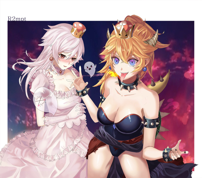 &gt;_&lt; alternate_color alternate_eye_color artist_name bangs bare_shoulders black_nails blonde_hair blue_earrings blue_leotard blush blush_stickers boo border bowsette bracelet breasts brown_earrings brown_eyes choker cleavage collar covering_face cowboy_shot crown diamond dress ears frilled_choker frilled_dress frills hair_between_eyes hand_up hands_together hips interlocked_fingers jewelry lavender_eyes leotard light_smile long_hair long_ponytail long_tongue looking_down mario_(series) medium_breasts mini_crown multiple_girls nail_polish new_super_mario_bros._u_deluxe night night_sky nose_blush outside_border pendant pink_cloud pink_sky pose princess_king_boo puffy_short_sleeves puffy_sleeves r2mpt reflective_eyes sharp_teeth shiny shiny_clothes shiny_skin short_hair short_sleeves shy sidelocks sky smile spiked_bracelet spiked_collar spiked_shell spiked_tail spikes strapless strapless_leotard sunset super_crown tail teeth thighs tilted_headwear tongue tongue_out torn_clothes twilight very_long_hair waist_cape white_border white_choker white_dress