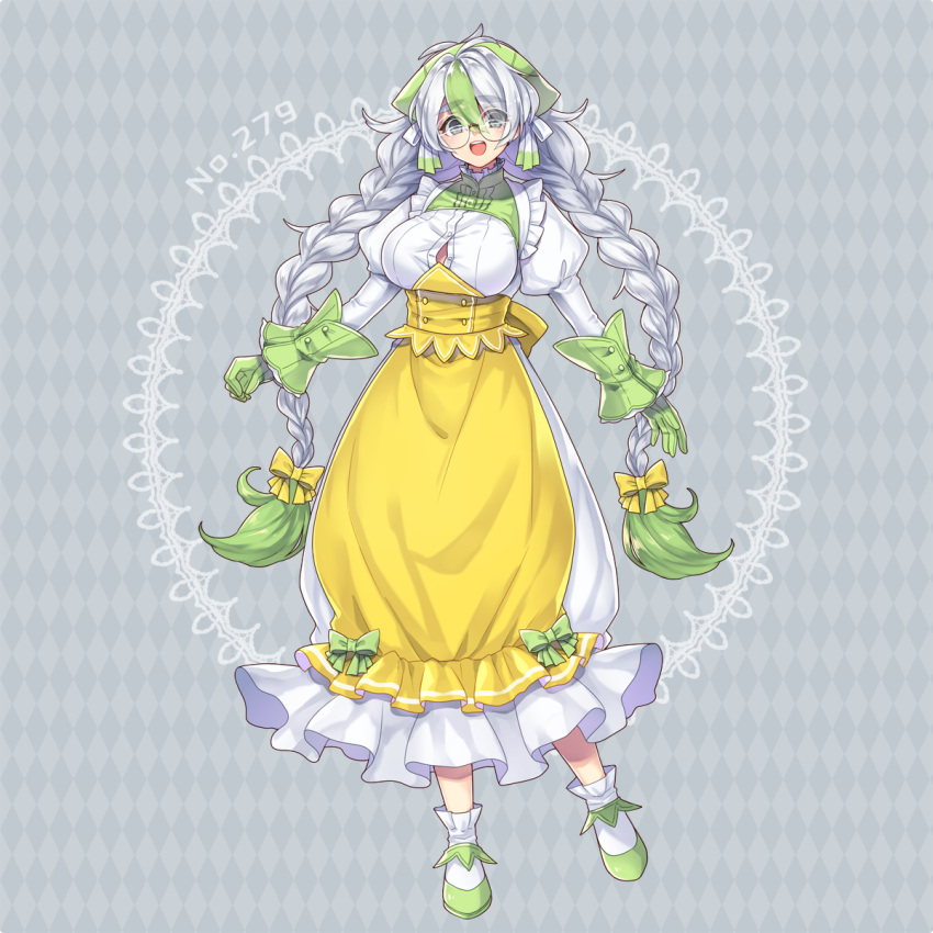:d alternate_color apron argyle argyle_background bow braid breasts dress full_body glasses gloves green_bow green_footwear green_gloves green_hair grey_background grey_eyes hair_between_eyes highres kasuka108 large_breasts long_hair multicolored_hair open_mouth pelipper personification pokemon shiny_pokemon simple_background smile solo standing twin_braids twintails two-tone_hair white_dress white_hair yellow_apron