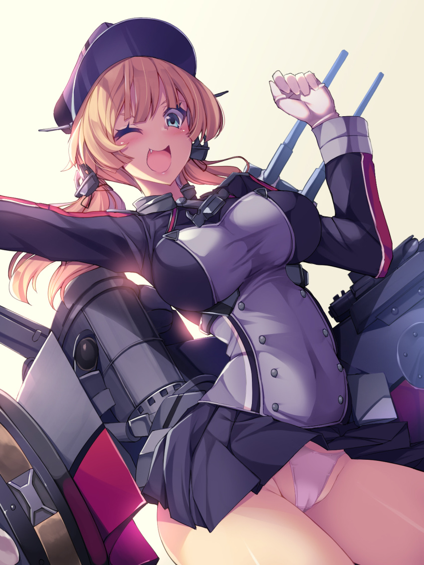anchor_hair_ornament aqua_eyes black_skirt blonde_hair breasts cameltoe cannon commentary_request cowboy_shot fang gloves gradient gradient_background hair_ornament hat highres impossible_clothes iron_cross kantai_collection large_breasts looking_at_viewer low_twintails machinery microskirt military military_hat military_uniform one_eye_closed open_mouth panties peaked_cap pink_panties pleated_skirt prinz_eugen_(kantai_collection) skirt smile solo torisan twintails underwear uniform white_gloves yellow_background