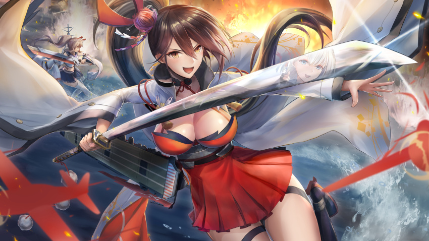 :d aircraft airplane ayanami_(azur_lane) azur_lane bangs bare_shoulders black_gloves blue_eyes blush breasts brown_hair cleavage collarbone commentary_request dress explosion eyebrows_visible_through_hair fingerless_gloves flight_deck floating_hair glint gloves hair_between_eyes hair_ornament headgear high_ponytail highres holding holding_sword holding_weapon japanese_clothes katana kimono large_breasts leg_up long_hair long_sleeves looking_at_viewer machinery mole mole_under_eye morichika_shuuto multiple_girls navel open_mouth outstretched_arm pleated_skirt ponytail red_eyes reflection revision rigging rudder_shoes school_uniform serafuku shikigami shirt shoukaku_(azur_lane) side_ponytail sidelocks silver_hair skirt smile splashing sword tassel thigh_strap thighhighs thumbs_up very_long_hair water weapon white_legwear wide_sleeves yellow_eyes zuikaku_(azur_lane)