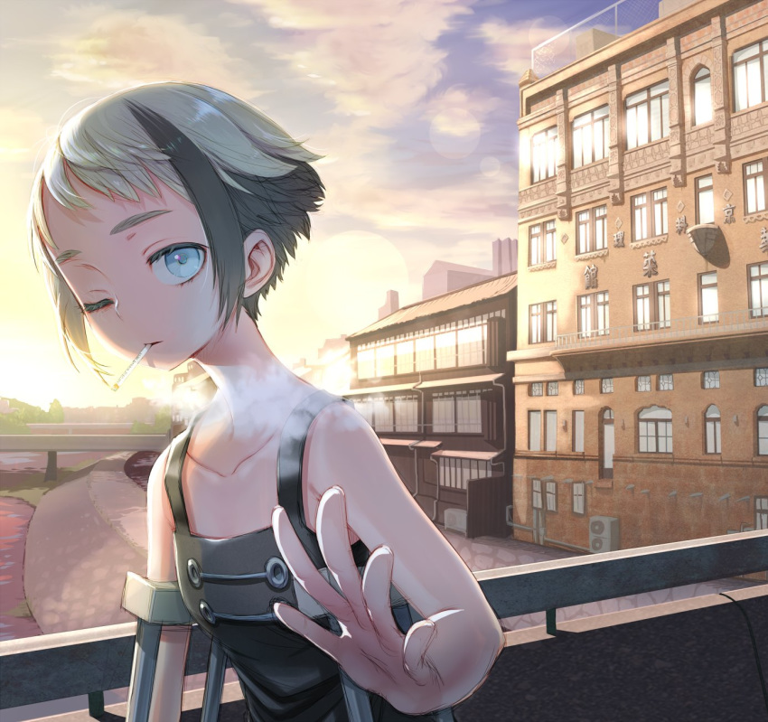 1girl bikko blue_eyes cigarette crutch female multicolored_hair one_eye_closed original outdoors short_hair smoking solo yoshida_on