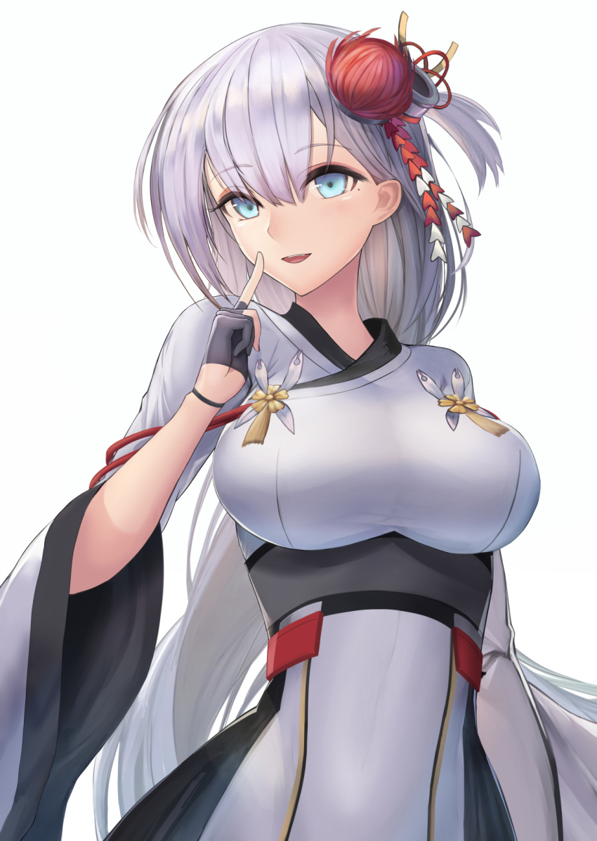 azur_lane bangs black_gloves blue_eyes blush breasts commentary_request eyebrows_visible_through_hair flower gloves hair_between_eyes hair_ornament half_gloves highres japanese_clothes kimono large_breasts long_hair looking_at_viewer mole mole_under_eye morichika_shuuto open_mouth partly_fingerless_gloves shoukaku_(azur_lane) sidelocks silver_hair smile solo upper_body white_background wide_sleeves