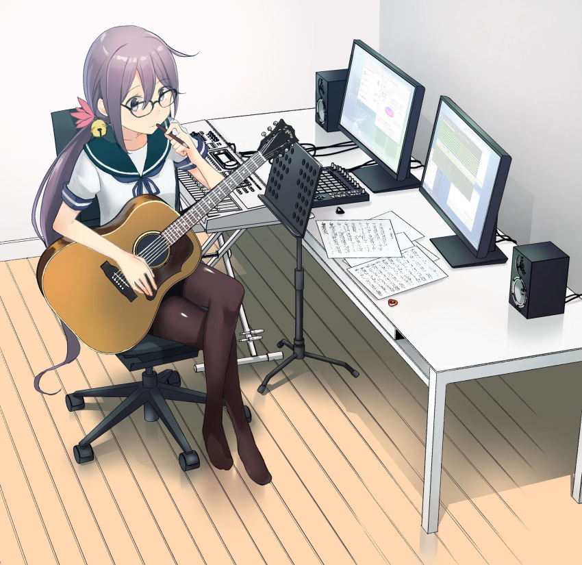 bell black_legwear chair commentary_request flower glasses guitar hair_bell hair_flower hair_ornament highres instrument jingle_bell kantai_collection keyboard_(instrument) long_hair masukuza_j monitor pantyhose pencil purple_eyes purple_hair school_uniform serafuku sheet_music short_sleeves side_ponytail speaker table very_long_hair windows windows_7