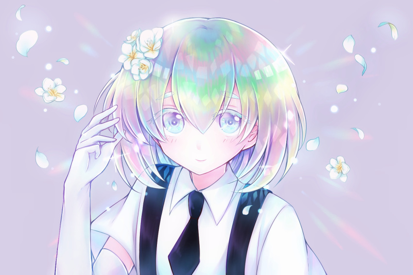 androgynous colored_eyelashes crystal_hair diamond_(houseki_no_kuni) elbow_gloves flower gem_uniform_(houseki_no_kuni) gloves glowing glowing_hair hair_flower hair_ornament houseki_no_kuni looking_at_viewer multicolored_hair necktie nekotamago rainbow_hair short_hair smile solo sparkle suspenders thick_eyebrows upper_body white_eyes