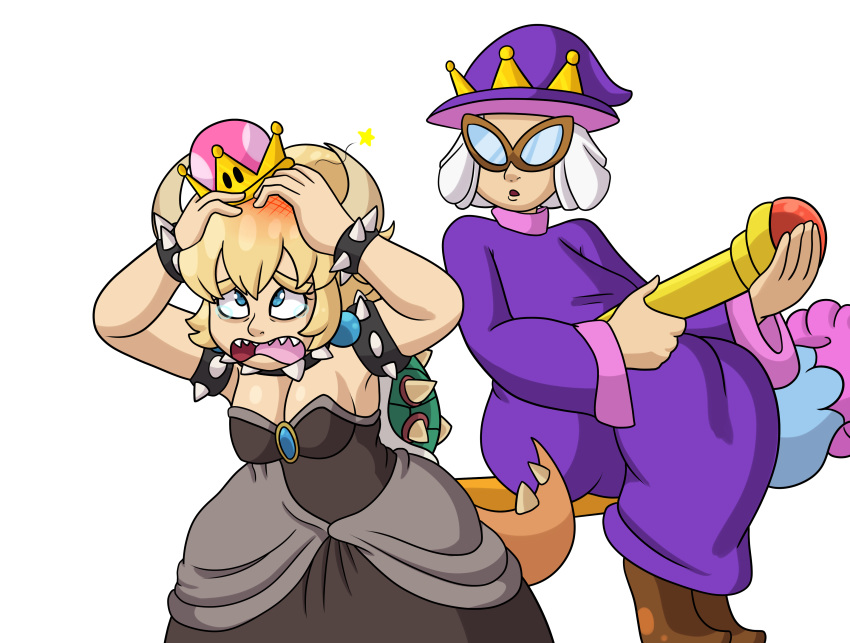 alternate_species animal_humanoid blonde_hair blue_eyes bowser bowsette_meme bracelet clothed clothing collar crying curved_horn dress duo eyewear female glasses hair horn human humanized humanoid humanoidized jewelry kammy_koopa mammal mario_bros nintendo robe simple_background spiked_armlet spiked_bracelet spiked_collar spikes staff star super_crown tears video_games white_background white_hair yoshimister