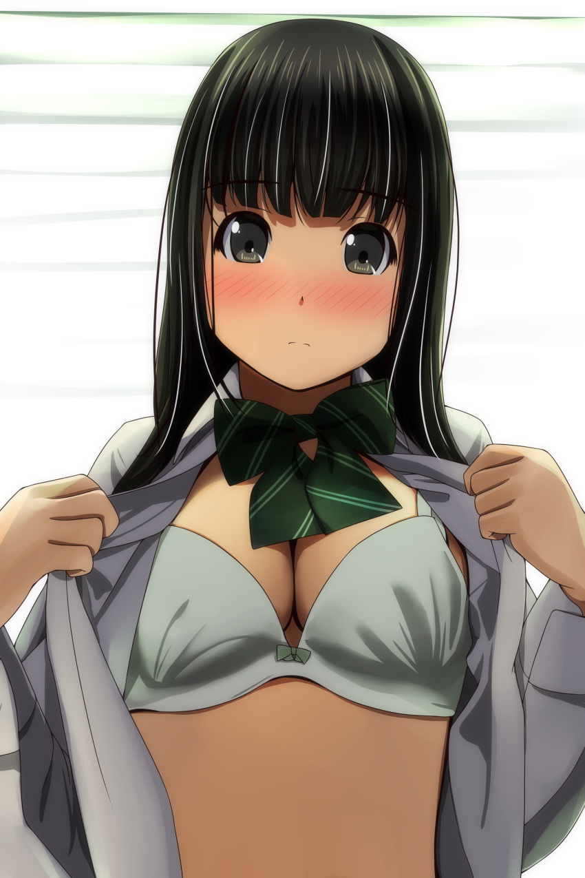 absurdres backlighting bangs black_eyes black_hair blinds blush bow bow_bra bra breasts cleavage closed_mouth commentary_request day diagonal_stripes eyebrows_visible_through_hair green_bow highres long_hair long_sleeves looking_at_viewer matsunaga_kouyou medium_breasts nose_blush open_clothes open_shirt original shirt solo striped striped_bow sunlight underwear white_bra white_shirt