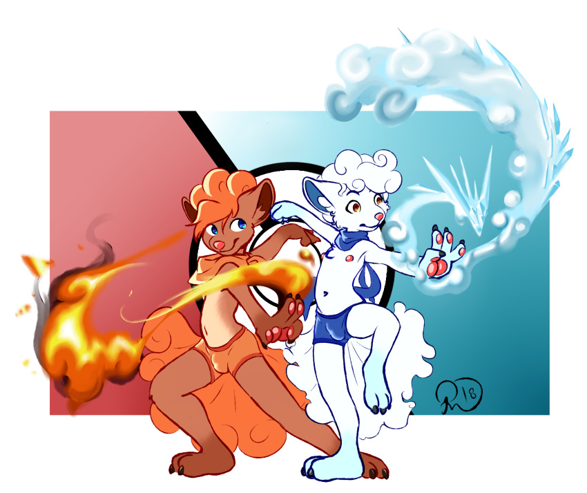 abstract_background alolan_vulpix anthro bulge clothing cub duo fire hi_res ice male nintendo nipples pawpads pok&eacute;mon pok&eacute;mon_(species) pose regional_variant roger_the_cat simple_background underwear video_games vulpix young
