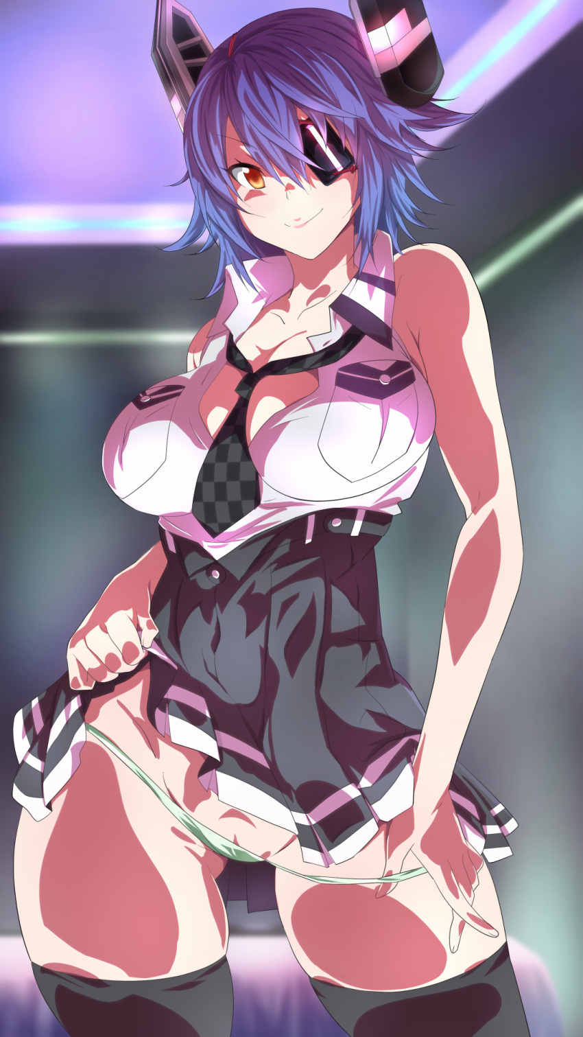 aqua_panties black_legwear blush breast_pocket breasts brown_eyes checkered checkered_neckwear closed_mouth commentary_request eyebrows_visible_through_hair eyepatch hair_between_eyes hair_ornament headgear high-waist_skirt highres kantai_collection large_breasts lifted_by_self looking_at_viewer moroheiya_(user_harz4842) necktie panties pocket purple_hair remodel_(kantai_collection) shirt short_hair skirt skirt_lift sleeveless sleeveless_shirt tenryuu_(kantai_collection) thighhighs underwear white_shirt