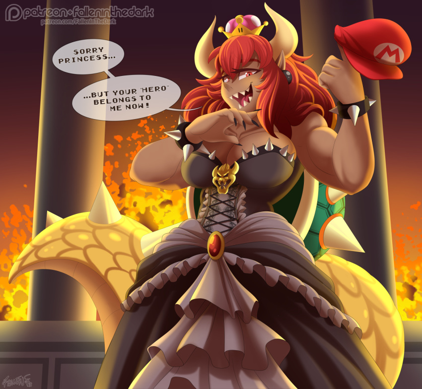 2018 alternate_species animal_humanoid big_breasts bowser bowsette_meme bracelet breasts cleavage clothed clothing crossgender crown dark_skin dialogue dress english_text falleninthedark female hair hat hi_res horn humanoid humanoidized jewelry koopa lava long_hair mammal mario_bros nintendo pointy_ears red_eyes red_hair reptile reptile_humanoid scalie sharp_teeth solo speech_bubble spiked_bracelet spikes super_crown teeth text video_games
