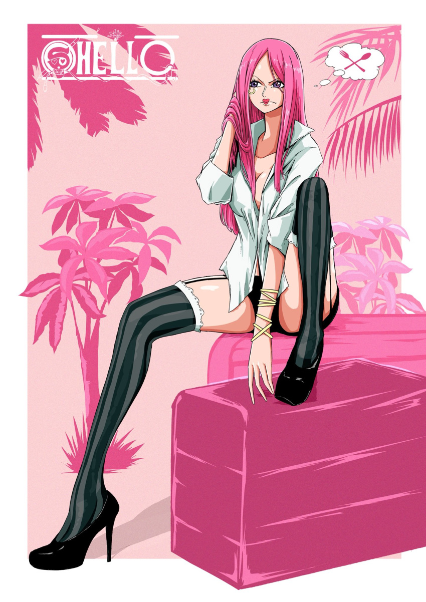 1girl anti-eyebrow_piercing between_legs black_footwear border bracelet breasts cleavage hand_between_legs hand_in_hair high_heels jewelry jewelry_bonney large_breasts lipstick long_hair makeup one_piece outside_border pink_background pink_hair sherumaru_(korcht06) shirt sitting solo striped striped_legwear thighhighs white_border white_shirt