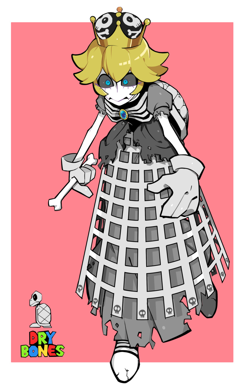 1girl black_sclera blonde_hair blue_eyes bones buffalo723 dress dry_bones female gloves mario_(series) monster_girl nintendo personification shell skeleton solo super_crown