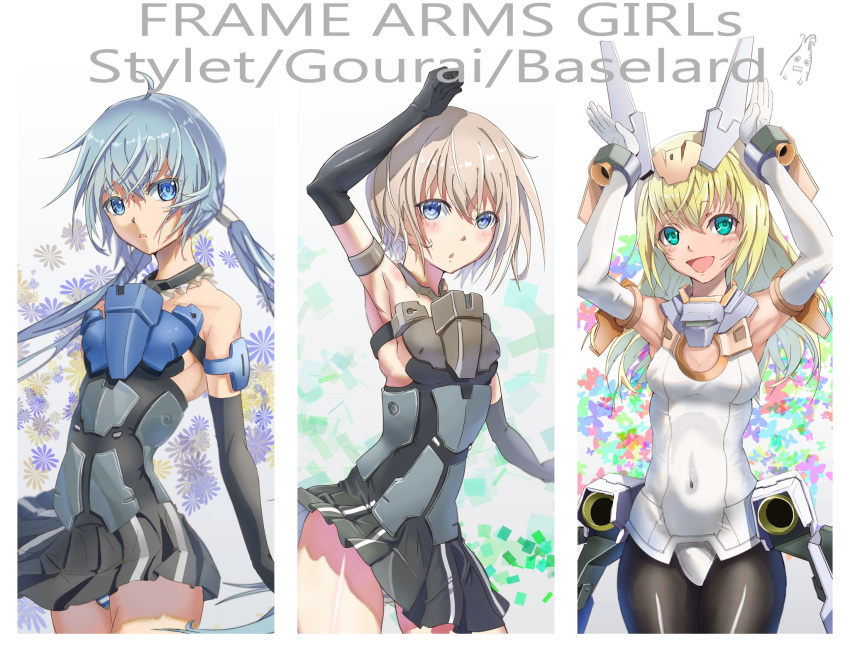 arm_above_head ass_visible_through_thighs baselard black_gloves blonde_hair blue_eyes blue_hair blush bodysuit breasts bunny_pose cleavage covered_nipples elbow_gloves frame_arms_girl gloves gourai green_eyes highres letterboxed long_hair low_twintails mecha_musume misenouchi multiple_girls panties pantyhose pantyshot pantyshot_(standing) short_hair standing stylet thighs twintails underwear