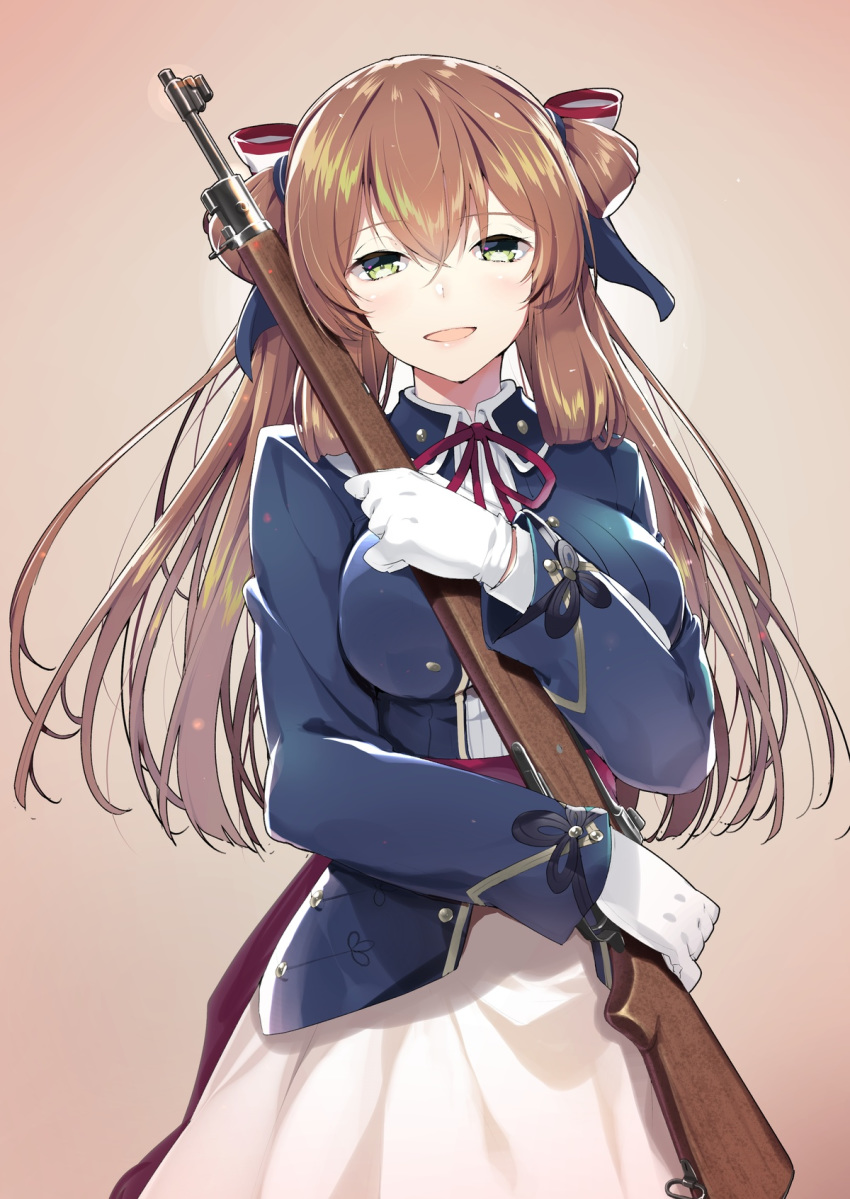 akahito american_flag bangs blazer blush bolt_action breasts brown_hair cleavage commentary cowboy_shot dress eyebrows_visible_through_hair girls_frontline gloves green_eyes gun hair_between_eyes hair_ribbon hair_rings head_tilt highres holding holding_gun holding_weapon jacket large_breasts long_hair long_sleeves looking_at_viewer m1903_springfield m1903_springfield_(girls_frontline) open_mouth ribbon rifle sash shirt sidelocks simple_background smile solo tareme twintails weapon white_dress
