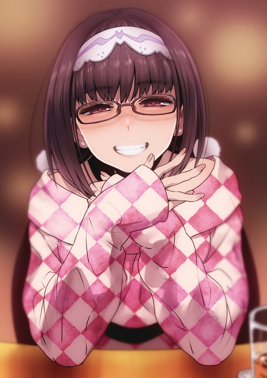 bangs blurry brown_background brown_eyes brown_hair checkered commentary_request cup depth_of_field drinking_glass elbow_rest fate_(series) fingernails glasses grin hairband hands_up highres long_hair long_sleeves looking_at_viewer osakabe-hime_(fate/grand_order) own_hands_together pov_across_table puyo sleeves_past_wrists smile solo sweater teeth unmoving_pattern upper_body