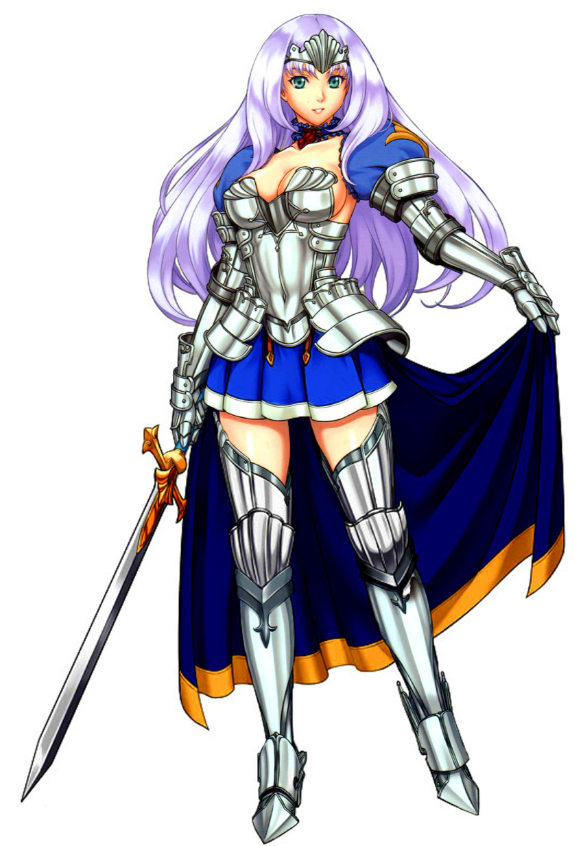 10s 1girl annelotte armor armored_dress blue_eyes boots breasts cape choker cleavage contrapposto eiwa forehead_protector full_body gauntlets greaves large_breasts legs long_hair looking_at_viewer lost_worlds parted_lips purple_hair queen's_blade queen's_blade_rebellion shoulder_armor skirt smile solo spaulders standing thigh_boots thighhighs thighs white_hairrn zettai_ryouiki