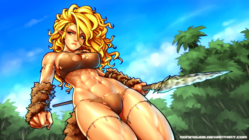 abs absurdres arm_warmers blonde_hair blue_sky breasts cameltoe cave_elf_(ronindude) clenched_hand commentary covered_nipples day elf english_commentary from_below highres holding holding_weapon long_hair medium_breasts nose original pointy_ears polearm ronindude single_strap sky solo spear thighs toned torn_clothes tribal watermark weapon web_address yellow_eyes