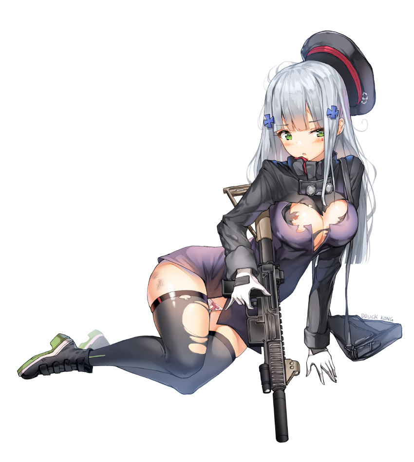 :o assault_rifle bag bangs beret black_footwear black_hat blush boots bow bow_panties breasts cleavage commentary eyebrows_visible_through_hair facial_mark finger_on_trigger girls_frontline gloves green_eyes grey_legwear gun hair_ornament hat hat_removed head_tilt headwear_removed heckler_&amp;_koch highres hk416 hk416_(girls_frontline) holding holding_gun holding_weapon jacket large_breasts lee_seok_ho long_hair long_sleeves looking_at_viewer object_namesake panties parted_lips purple_jacket rifle shoulder_bag signature silver_hair simple_background solo thighhighs torn_clothes torn_jacket torn_legwear underwear weapon white_background white_gloves white_panties