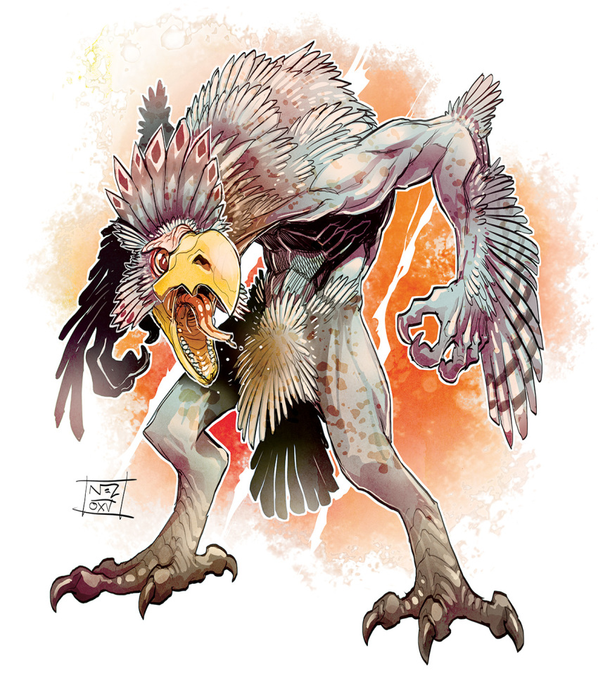 abs action_pose anthro athletic avian beak claws feathers hunched_over looking_at_viewer male nezart nude open_mouth pose pubes screaming simple_background solo spots standing terror_bird tongue tongue_out white_feathers