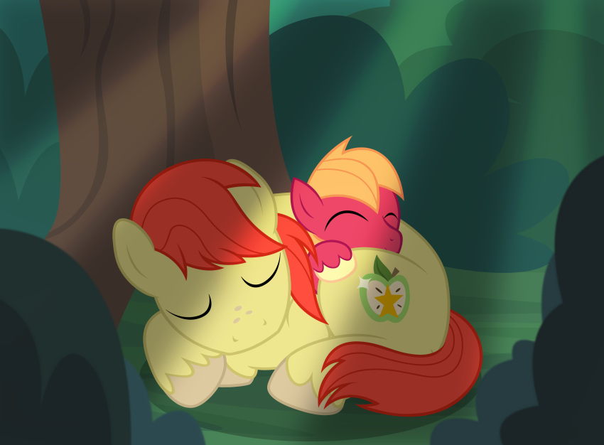 2018 badumsquish big_macintosh_(mlp) bright_mac_(mlp) equine eyes_closed father father_and_son feral freckles friendship_is_magic horse lying male mammal my_little_pony parent pony sleeping son tree young