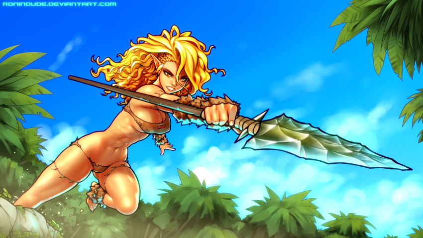 abs absurdres arm_warmers armlet attack bared_teeth barefoot blonde_hair blue_sky breasts cave_elf_(ronindude) cleavage day elf foreshortening highres holding holding_weapon leg_warmers long_hair medium_breasts nose original pointy_ears polearm ronindude running single_strap sky solo spear tribal watermark weapon web_address yellow_eyes
