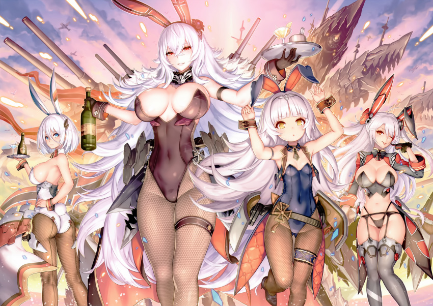 4girls ;p adapted_costume animal_ears armpits arms_up ass azur_lane black_gloves black_panties blue_eyes bob_cut breasts bunny_ears bunny_girl bunny_tail bunnysuit bursting_breasts cleavage cocktail_glass covered_navel cropped cropped_vest cup detached_collar drinking_glass fake_animal_ears fishnet_pantyhose fishnets flipped_hair garter_belt gloves graf_zeppelin_(azur_lane) grey_legwear hair_between_eyes hand_on_hip high_heels highleg highleg_panties highres huge_breasts knees_together_feet_apart large_breasts leotard long_hair mini_necktie mole mole_under_eye multicolored_hair multiple_girls navel official_art one_eye_closed outdoors outstretched_arms panties pantyhose prinz_eugen_(azur_lane) red_eyes red_hair scan short_hair sky small_breasts standing standing_on_one_leg streaked_hair tail thigh_strap thighhighs tirpitz_(azur_lane) tongue tongue_out tray triangle_mouth underwear very_long_hair white_hair wrist_cuffs yellow_eyes z46_(azur_lane)