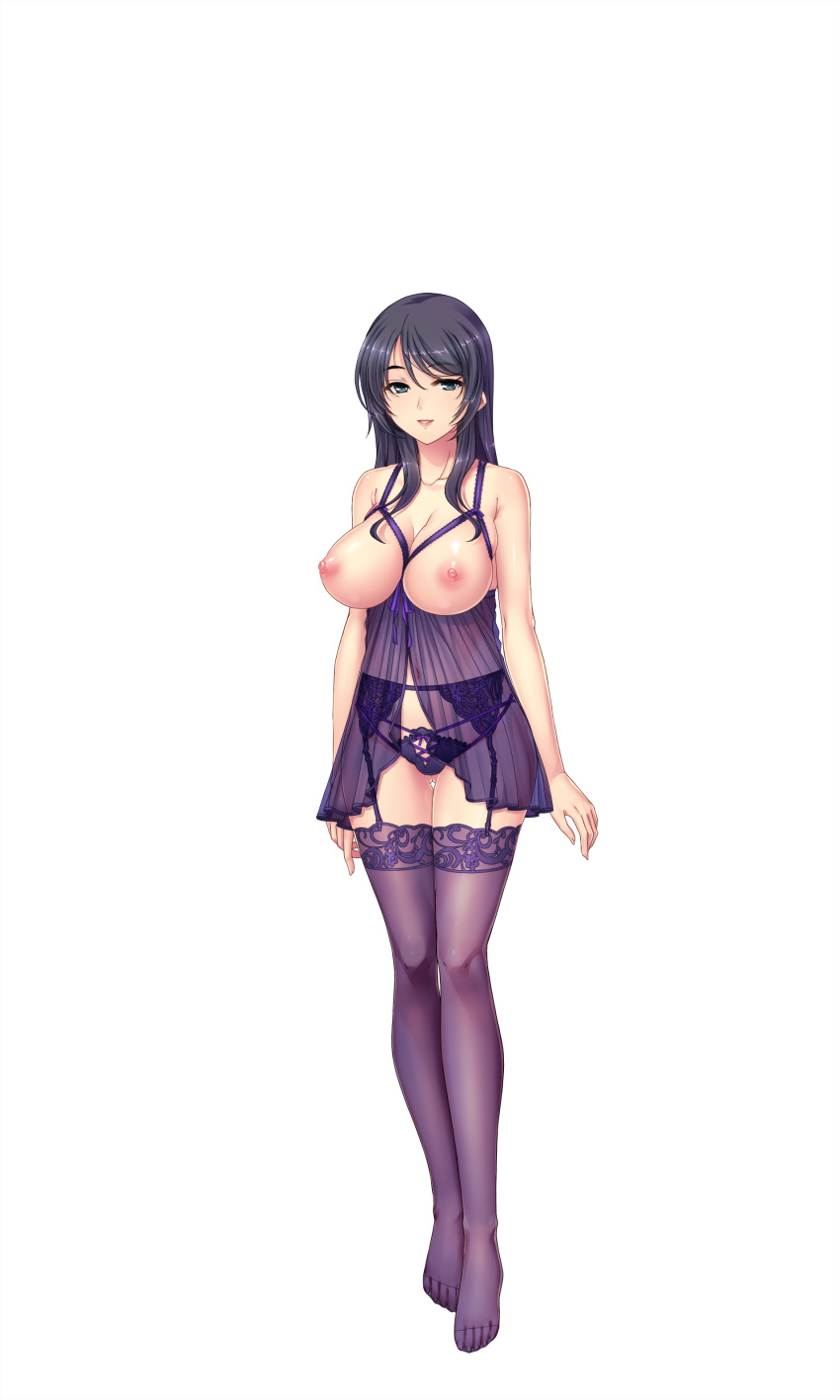 1girl areolae bare_arms blue_eyes blush breastless_clothes breasts feet full_body garter_belt garter_straps groin highres hitotsumami:_relaxation_series large_breasts legs legs_together lingerie long_hair looking_at_viewer navel nipples no_shoes original panties parted_lips purple_hair simple_background smile solo thighhighs thighs toes transparent_background underwear yatsuha_kanan