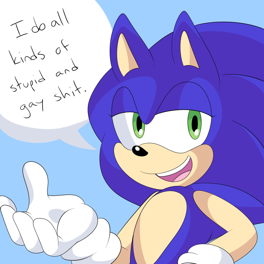 absurd_res black_nose chocolatechippi clothing dialogue english_text eyelashes gloves green_eyes hedgehog hi_res male mammal reaction_image solo sonic_(series) sonic_the_hedgehog speech_bubble text video_games